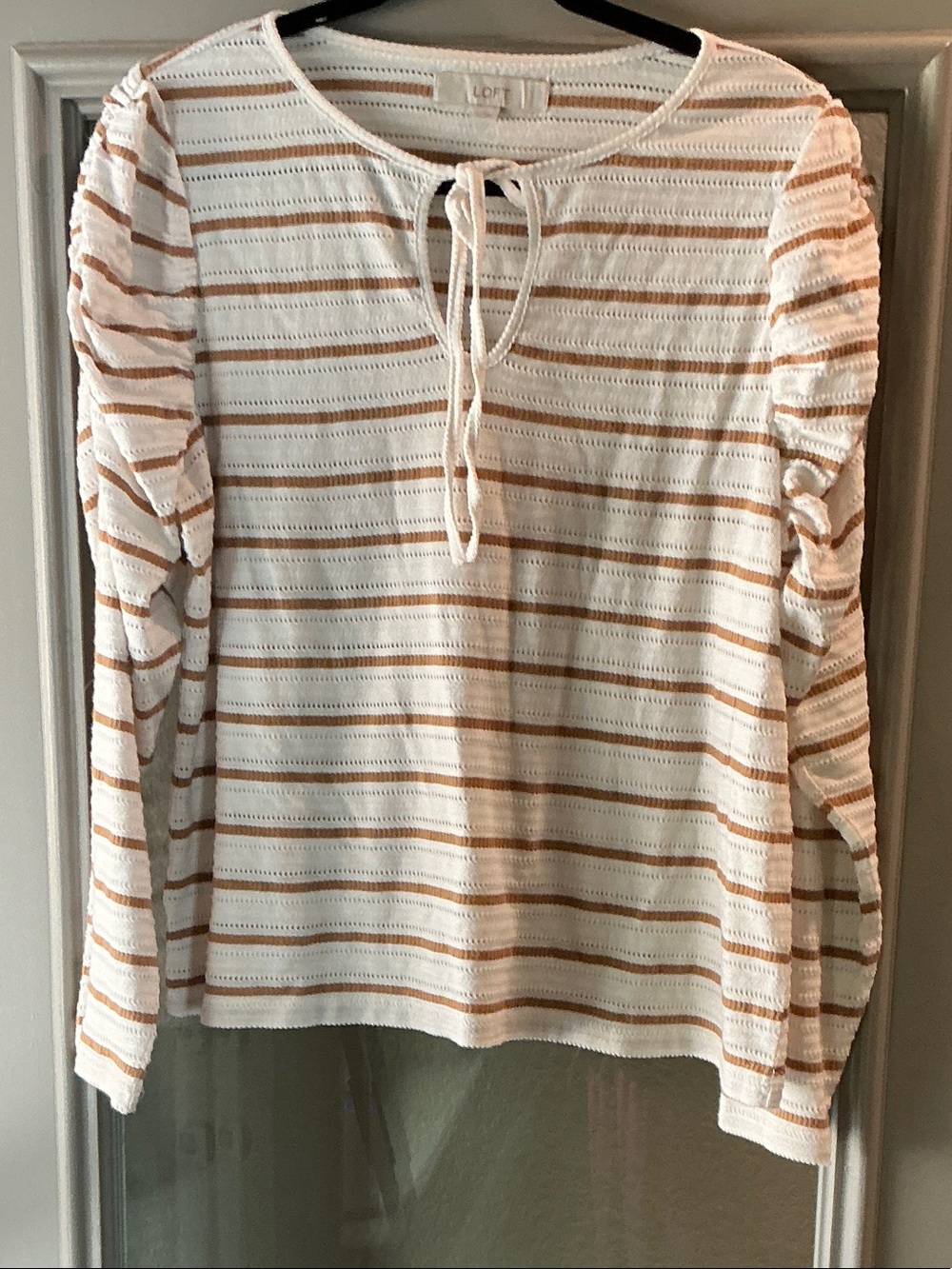 LOFT White and Tan Striped Tie-Neck Long Sleeve Top